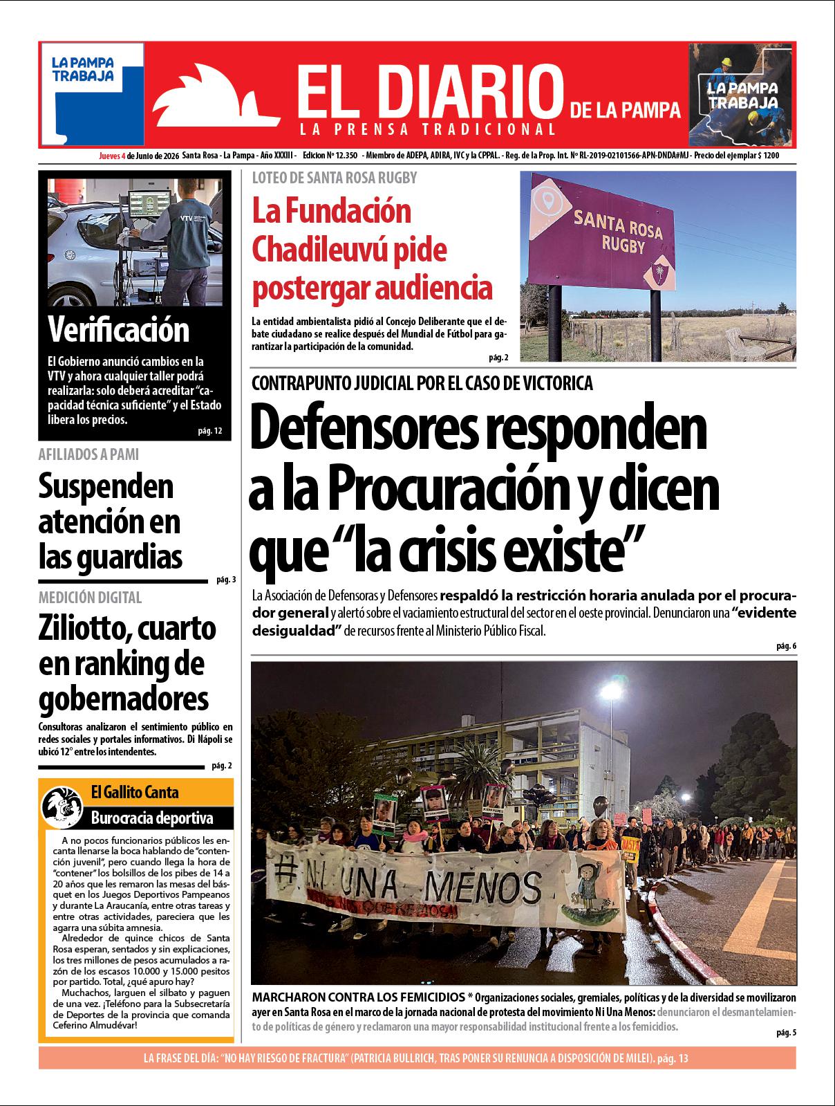 Tapa de El Diario en papel  jueves 04 de junio de 2026